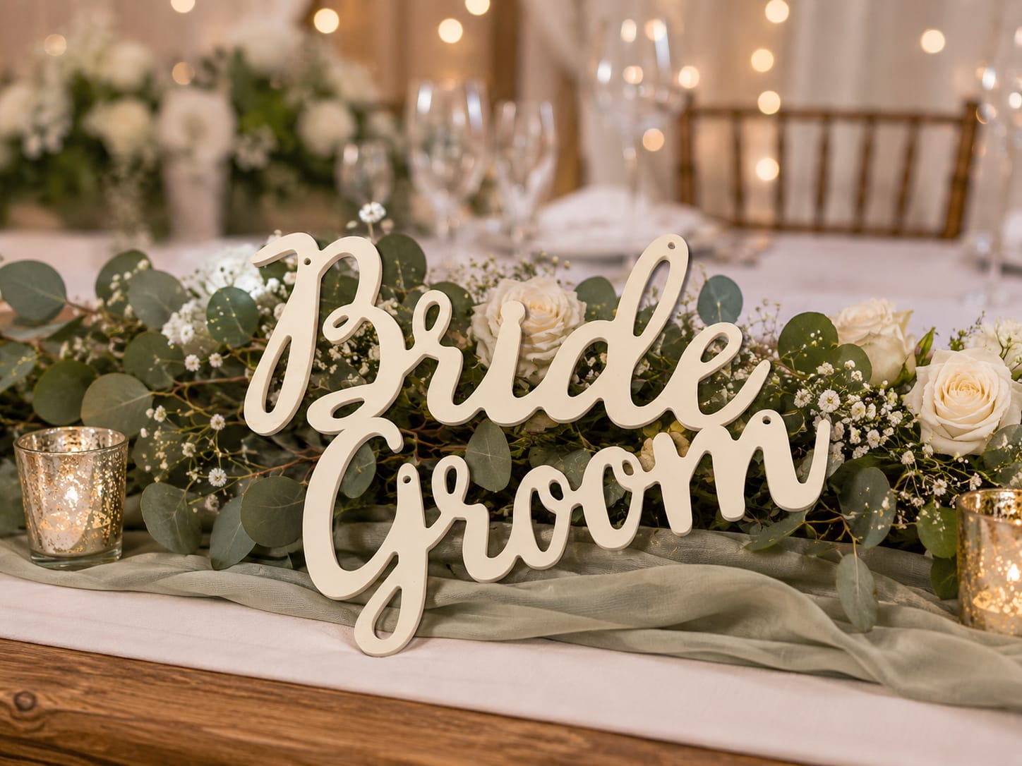 Bride Groom sign surrounded by white roses and greenery on a table centerpiece