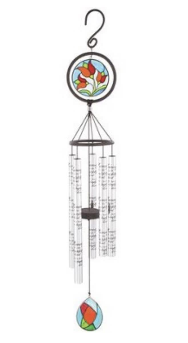 Decorative hanging wind chime with stained-glass floral accents