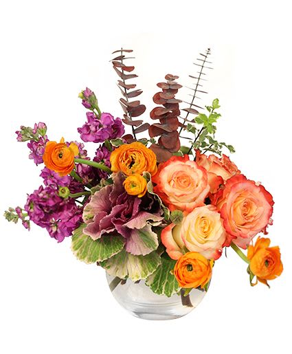JEWELS OF FALL FLORAL DESIGN - Fall has never looked better than the Jewels of Fall arrangement! This beautiful vase arrangement features all the exceptional jewels of fall, including pink and white bicolor roses, orange ranunculus, and purple stock. Bright and colorful, these flowers are perfect for an anniversary or an autumn pick-me-up