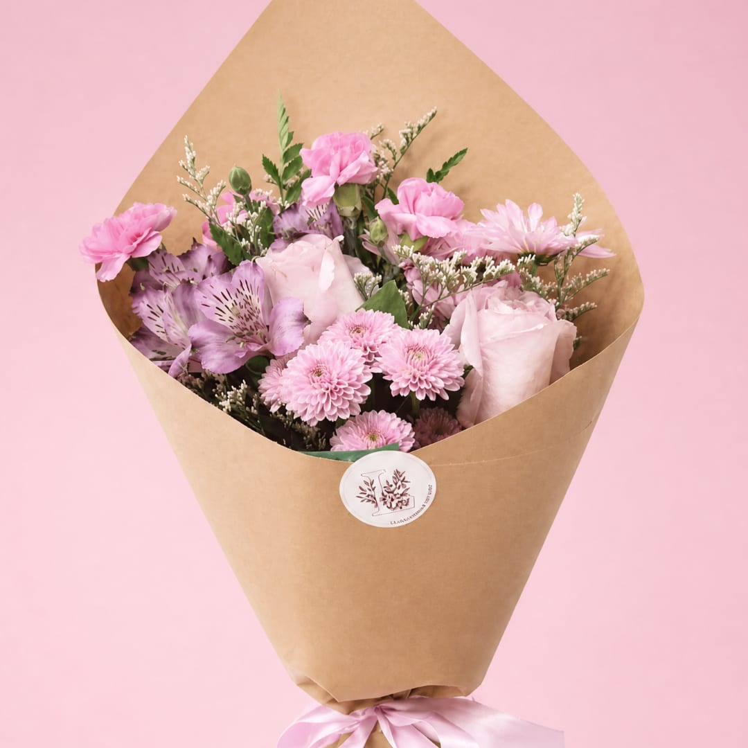 Pink and lavender mixed bouquet wrapped in brown paper with a pink ribbon