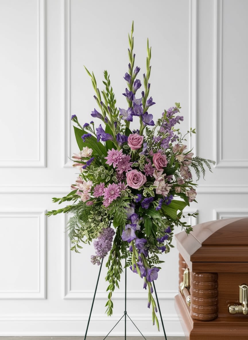 Lovely in Lavender - Express heartfelt sympathy and honor a cherished life with this graceful standing spray designed to bring comfort, peace, and beauty during a funeral or memorial service. Featuring an elegant arrangement of fresh blooms in soft lavender and purples, this standing tribute symbolizes admiration, remembrance, and love. Includes roses, gladiolas, alstroemeria, cushion mums.  Please Note: Standard Delivery for this product occurs in the afternoon, between 2:30pm and 7pm. If you need it by a certain time, there is an option to select a timed window for scheduled deliveries.  Please let us know in the "Special Instructions" section what time the viewing or funeral services start to ensure a timely delivery.