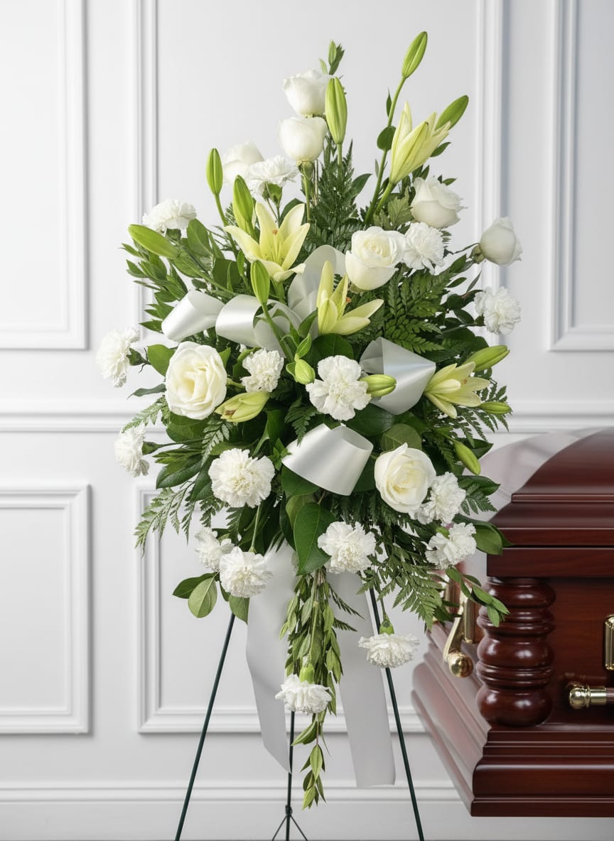 A Gentle Goodbye - Honor a cherished life with this timeless standing spray designed to express love, respect, and heartfelt remembrance. This elegant all-white floral tribute features a graceful combination of roses, carnations, and lilies, creating a serene display that symbolizes purity, peace, and love.   Please Note: Standard Delivery for this product occurs in the afternoon, between 2:30pm and 7pm. If you need it by a certain time, there is an option to select a timed window for scheduled deliveries.  Please let us know in the "Special Instructions" section what time the viewing or funeral services start to ensure a timely delivery.