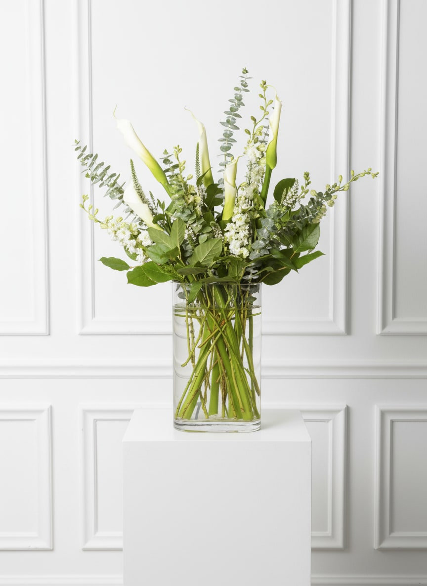 Lovingly - Express your deepest sympathy with this elegant funeral arrangement that speaks to a love that endures beyond time. Featuring the timeless beauty of white calla lilies, this graceful tribute symbolizes purity, peace, faith, and the cherished memory of a loved one.  Please Note: Standard Delivery for this product occurs in the afternoon, between 2:30pm and 7pm. If you need it by a certain time, there is an option to select a timed window for scheduled deliveries.  Please let us know in the "Special Instructions" section what time the viewing or funeral services start to ensure a timely delivery.
