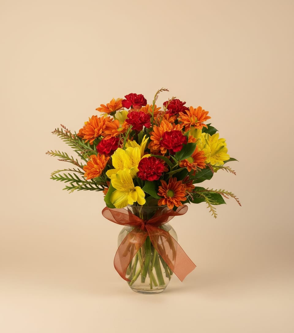 Bouquet of orange, yellow, and red flowers in a glass vase with a ribbon