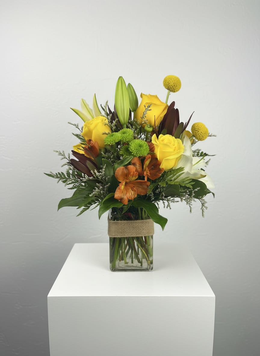 Gentle Colors - A low rectangular vase holds this monochromatic mix of blooms...yellows, creams, oranges, and pale browns come together to make a beautiful and soothing arrangement.  Please Note: Standard Delivery for this product occurs in the afternoon, between 2:30pm and 7pm. If you need it by a certain time, there is an option to select a timed window for scheduled deliveries. 