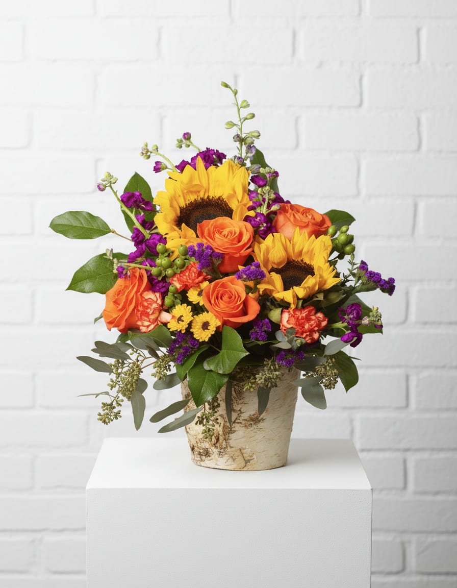 Bouquet of sunflowers and orange roses in a rustic vase