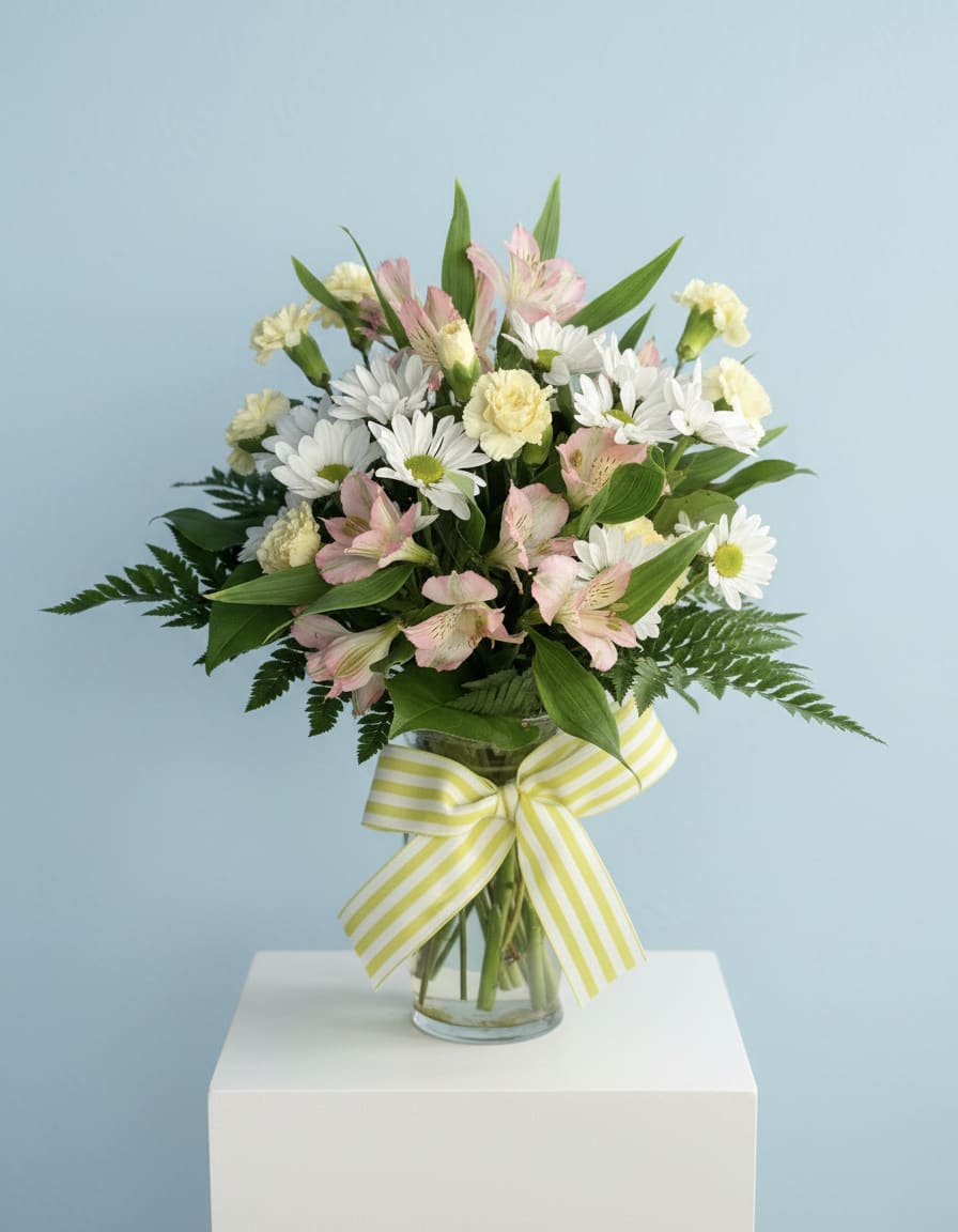 Bouquet of white daisies and pink alstroemeria in a glass vase with a striped ribbon
