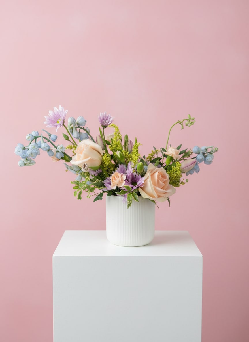 Primavera -  Inspired by the lively beauty and colors of the spring season, our small Primavera arrangement is simple, fresh, and full of life!  Featuring a lively mix of roses, delphinium, daisies, pixie carnations, and solidago. Stands approximately 11" high and 12" wide.  Please Note: Standard Delivery for this product occurs in the afternoon, between 2:30pm and 7pm. If you need it by a certain time, there is an option to select a timed window for scheduled deliveries.
