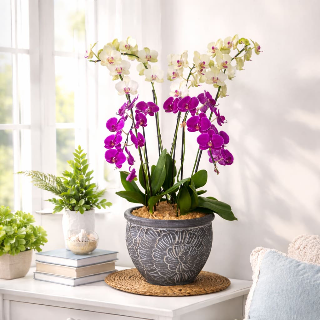 Premium Local  Phalaenopsis Plant (6 Stems)  - From the Waianae Coast of Oahu, this stunning 6-stem pot will light up any house or office! Standing over 3 feet tall and set in a decorative and beautiful vase, this arrangement is just amazing. Please note that the vase/pot and colors will vary, ensuring each piece is unique and captivating.  Key Features:  Waianae Coast Origin: Sourced from the picturesque Waianae Coast of Oahu, known for its lush and vibrant plant life.  Impressive Height: Stands over 3 feet tall, making it a striking addition to any space, whether it's a home or office.  Decorative Vase: Set in a beautiful and decorative vase, enhancing the overall aesthetic and adding a touch of elegance.  Unique and Varied: Vase/pot and colors will vary, ensuring each arrangement is unique and tailored to delight with its individuality.  Versatile Placement: Perfect for brightening up any house, office, or large indoor space with its stunning presence.  Illuminate your space with the beauty of our 6-Stem Pot from Waianae Coast, and enjoy the unique charm and elegance it brings to any setting.       