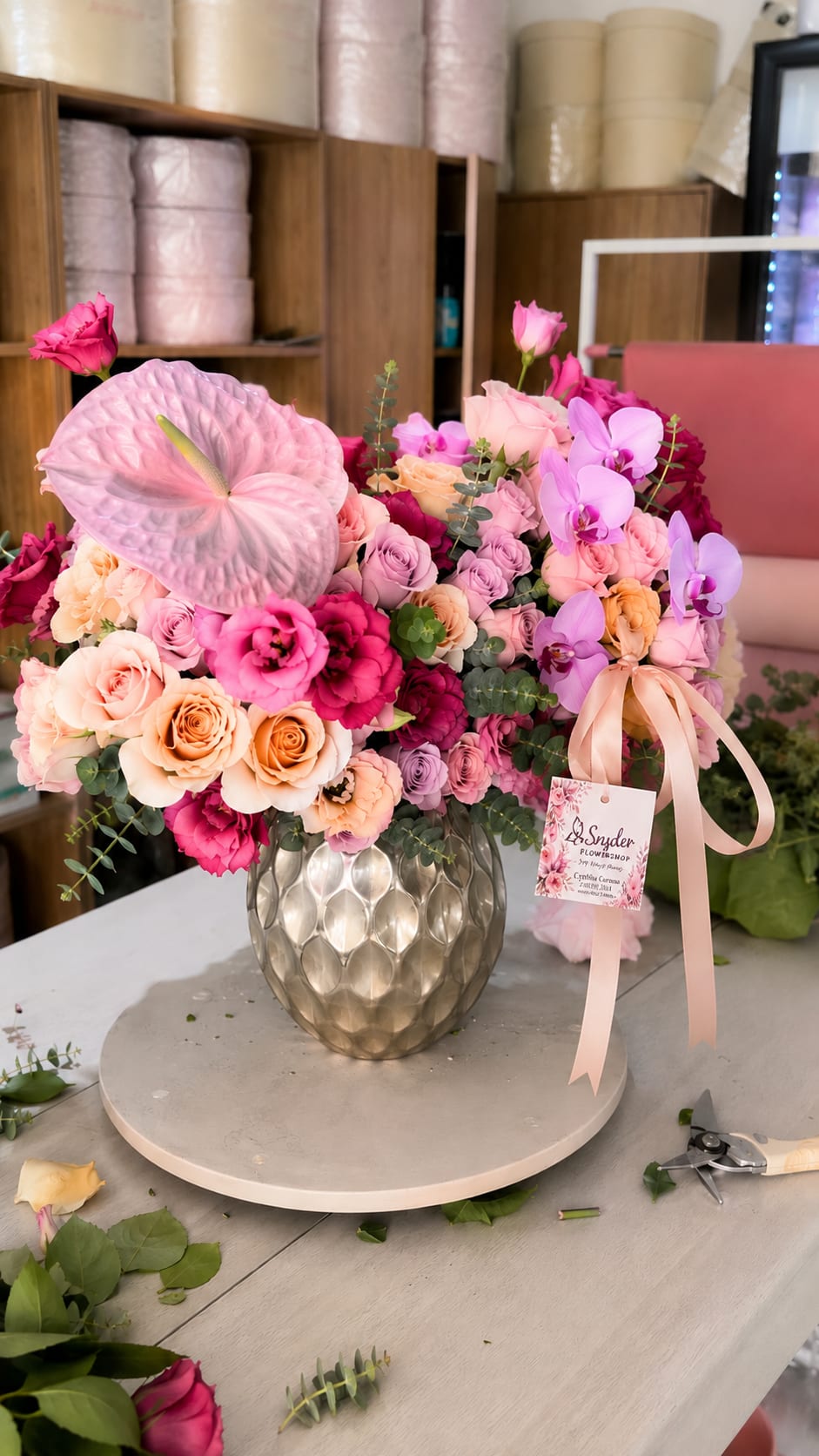 Pink Anthurium - Luxury floral arrangement handcrafted with premium roses, phalaenopsis orchids, pink anthurium, spray roses, lisianthus, eucalyptus, and fresh seasonal blooms arranged in an elegant vase for unforgettable occasions. Perfect for anniversaries, birthdays, luxury gifts, romantic surprises, grand openings, corporate gifts, sympathy flowers, and special celebrations. Same-day flower delivery available in San Antonio TX including Stone Oak, Alamo Heights, Medical Center, North Star, Cibolo, Schertz, Bulverde, and surrounding areas. Custom floral designs created fresh daily using premium flowers and modern floral artistry.