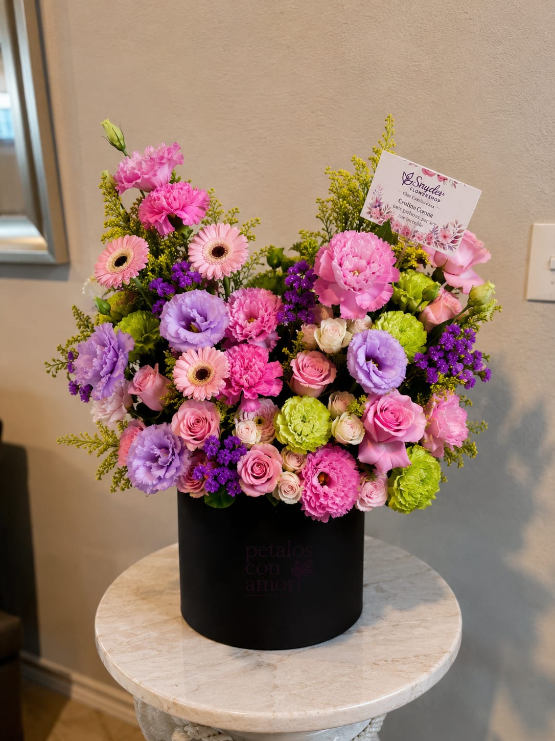 Pink Garden Elegance Deluxe - Experience the beauty of our Pink Garden Elegance Deluxe, a luxury flower arrangement handcrafted by Snyder Flowers in San Antonio, Texas. This stunning design combines premium pink roses, spray roses, carnations, lisianthus, gerbera daisies, and seasonal fresh flowers in an elegant keepsake box. Perfect for birthdays, anniversaries, Mother's Day, congratulations, baby showers, thank you gifts, get well wishes, sympathy gestures, and special celebrations. We proudly offer same-day flower delivery throughout San Antonio, Stone Oak, Alamo Heights, Shavano Park, The Dominion, Helotes, Cibolo, Schertz, Bulverde, and surrounding communities. Every arrangement is custom designed using fresh premium blooms to create unforgettable moments.
