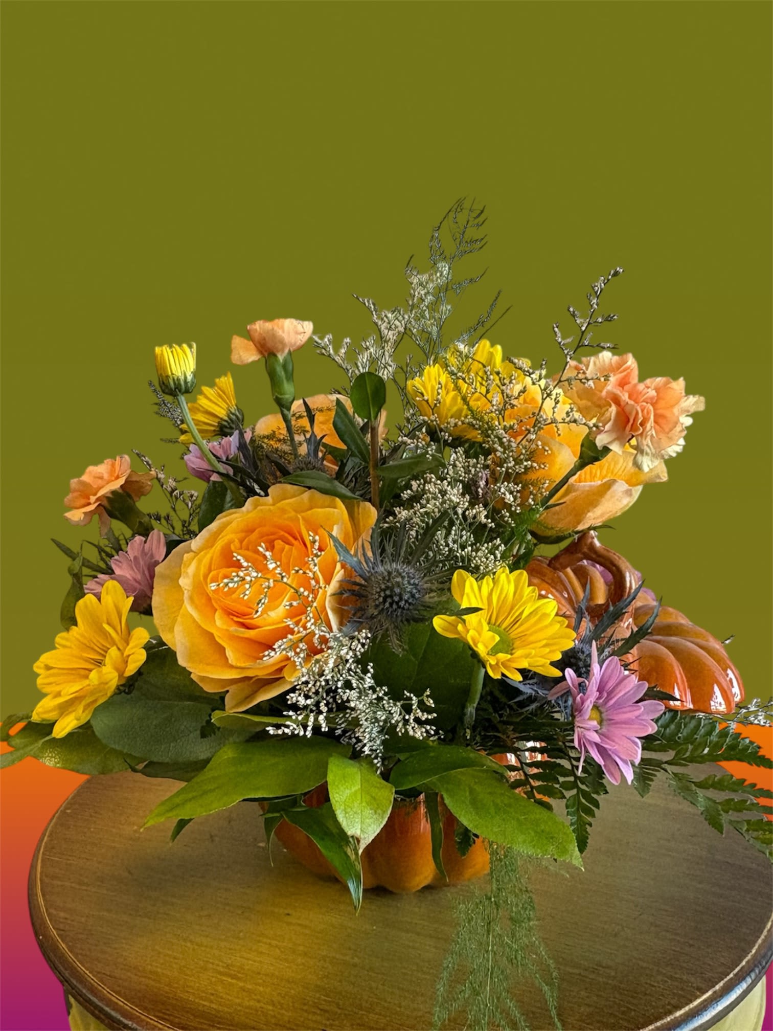 Blooming Pumpkin - So sweet and special, &amp; festive! A porcelain keepsake pumpkin filled with fresh flowers and gorgeous textures! The pumpkin is a symbol of abundance, prosperity, and good fortune, and its association with the harvest season has made it an important part of the autumn season. An excellent choice for any occasion. (All designs are arranged as similar as possible. We promise to keep the same color, style, and overall theme with what Mother Nature generously blesses us with)