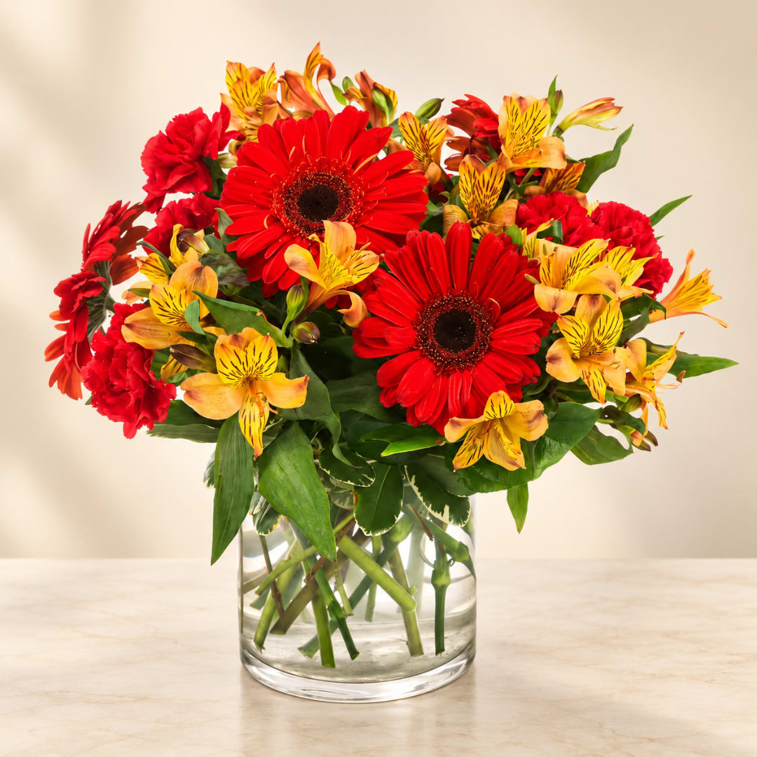 Red gerbera daisies and yellow alstroemeria in a clear glass vase