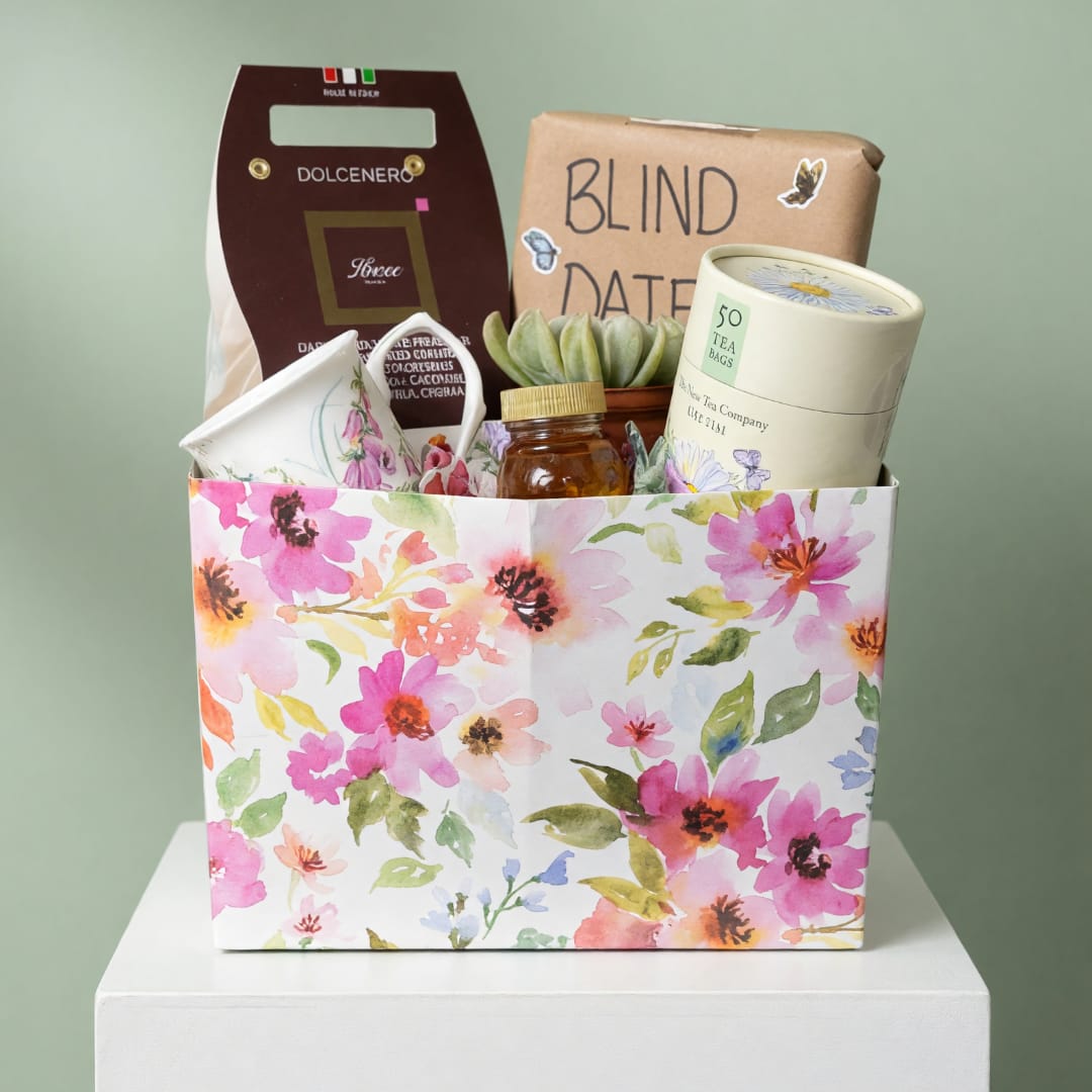 Gift basket with tea, a succulent, and packaged treats in a floral box