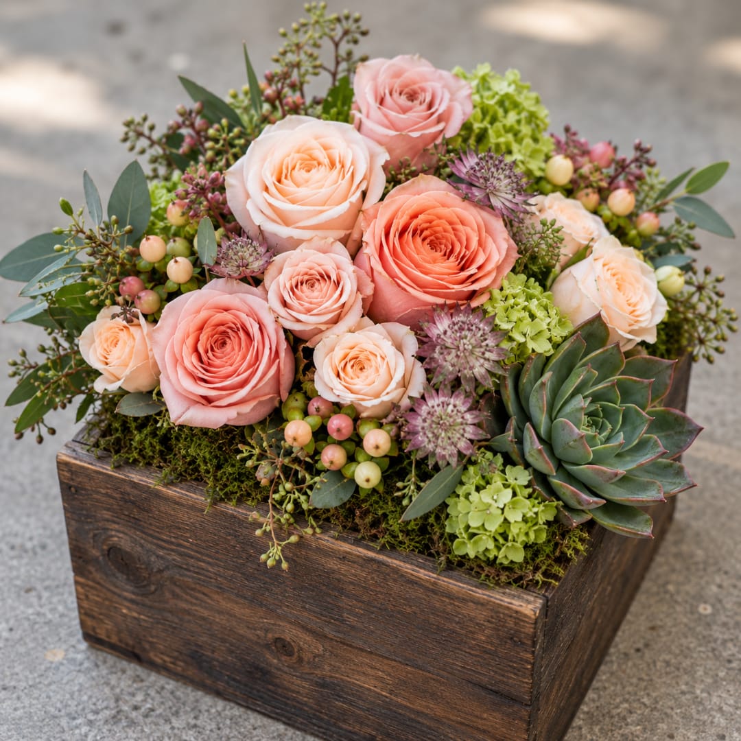 Pink and peach roses in a wooden box with succulents