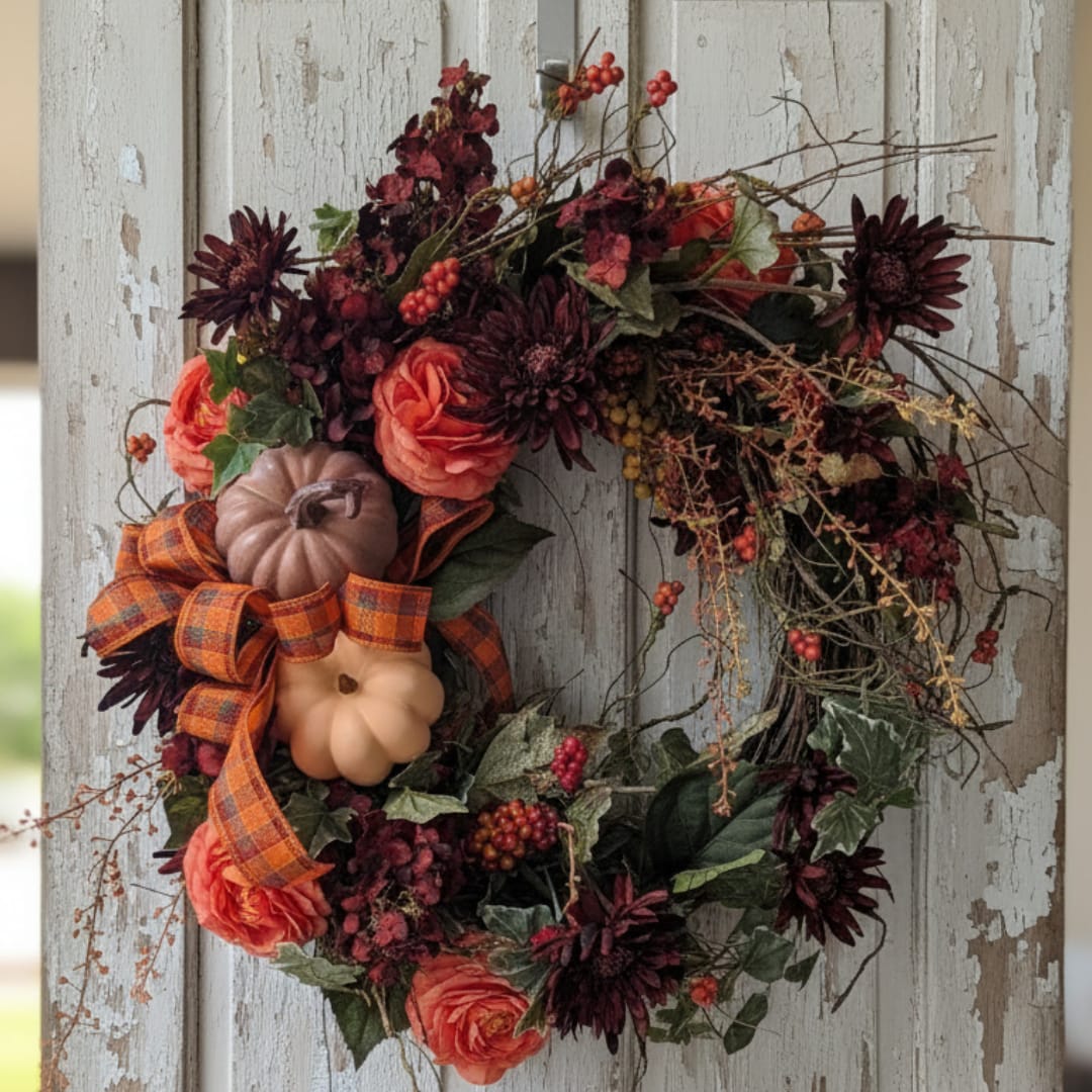 Fall wreath with orange roses, dark flowers, pumpkins, and plaid ribbon