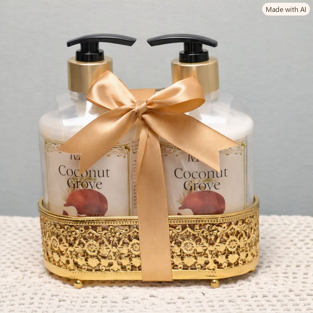 Two coconut grove pump bottles tied with a gold ribbon in a decorative tray.