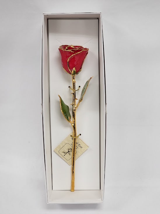 Preserved Red 24KT Gold Rose - A real rose preserved to last and then trimmed with real 24kt gold and presented in a gift box.