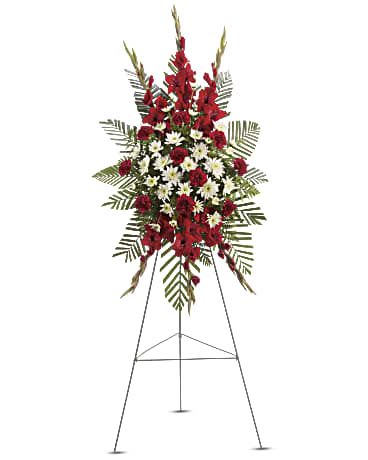 Strength and Solace Standing Spray - A beautiful complement to the memorial service, this gorgeous spray of red and white floral favorites will be deeply appreciated by the family during their time of loss. The magnificent spray includes red gladioli, red carnations and white cushion spray chrysanthemums, accented with emerald palm and leatherleaf fern. This exquisite arrangement comes on a complimentary metal stand. 