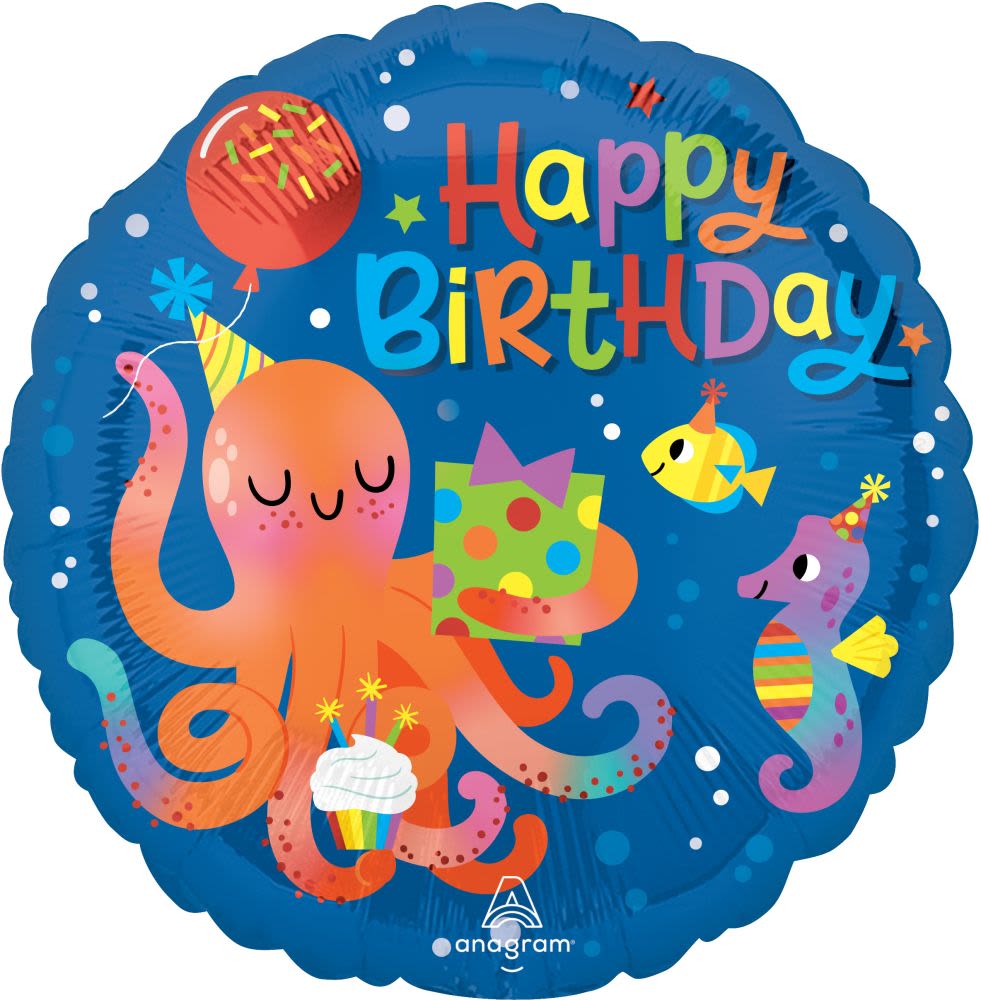 Happy Birthday Sea Mylar - Select this 17" happy birthday mylar decorated with sea animals.