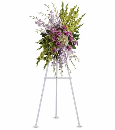Heavenly Sentiments Standing Spray - Fresh roses and opulent blooms such as orchids and gladioli - in celestial colors of green purple and lavender - create a fine and appropriate floral standing spray. Send this gift as a representation of your thoughtfulness and devotion. A standing spray created from fresh flowers such as gladioli, roses, dendrobium orchids and hydrangea - in shades of green purple and lavender - is delivered on an easel.Approximately 24" W x 35" H Orientation: One-Sided As Shown : T247-2A