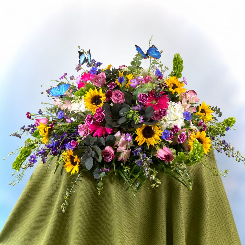 Large mixed bouquet with sunflowers, roses, and butterflies