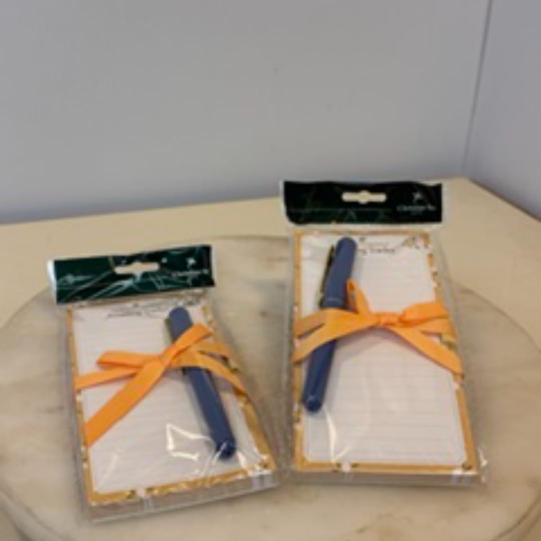 Two packaged notepads with blue pens tied on top