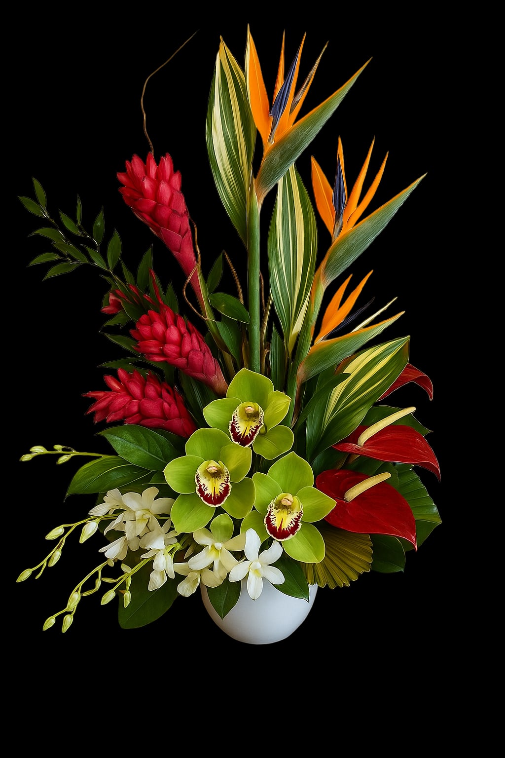 Tropical arrangement with red ginger, green orchids, and bird-of-paradise in a white vase