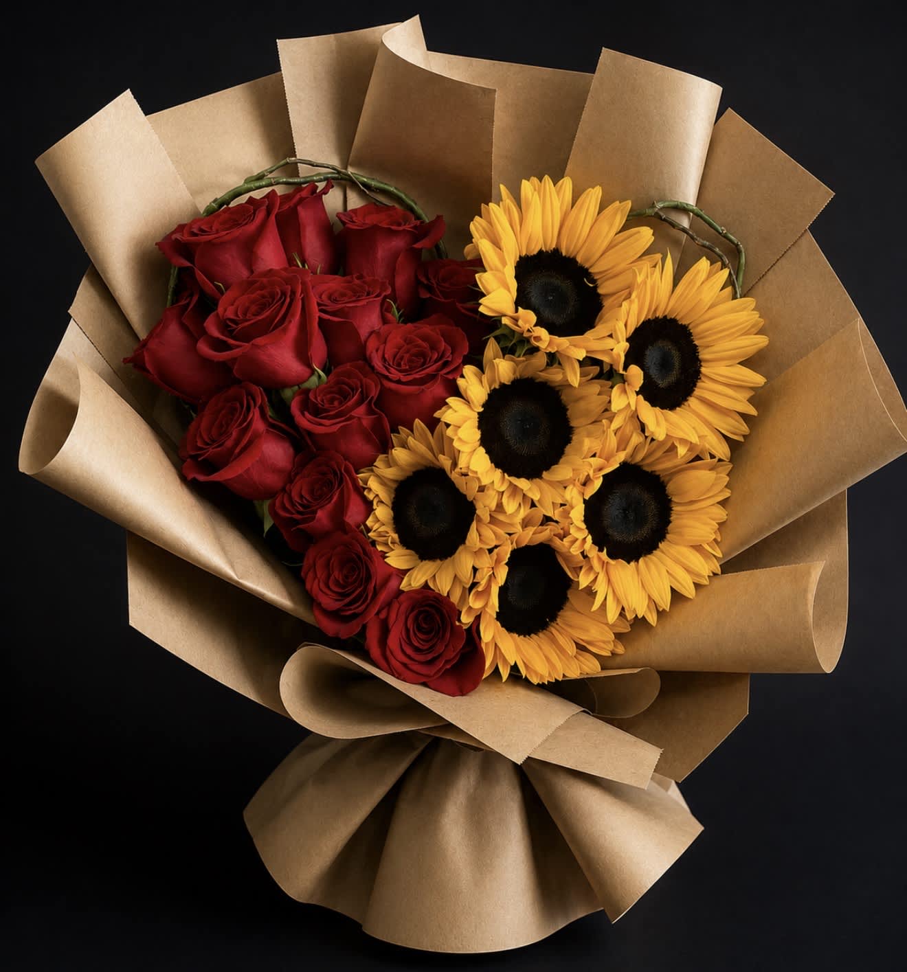 Bouquet of red roses and yellow sunflowers wrapped in brown paper