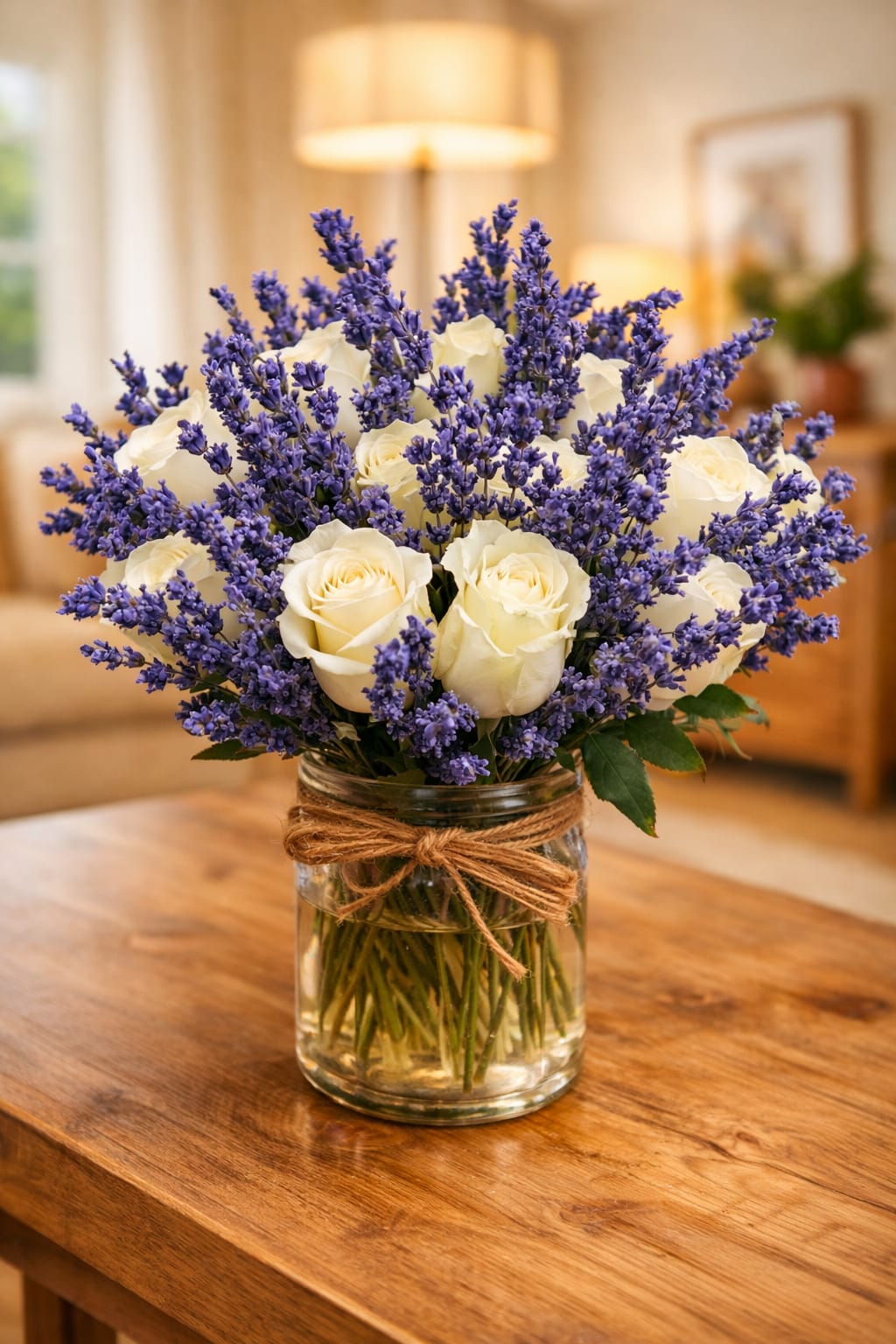 White roses and purple lavender in a glass jar vase