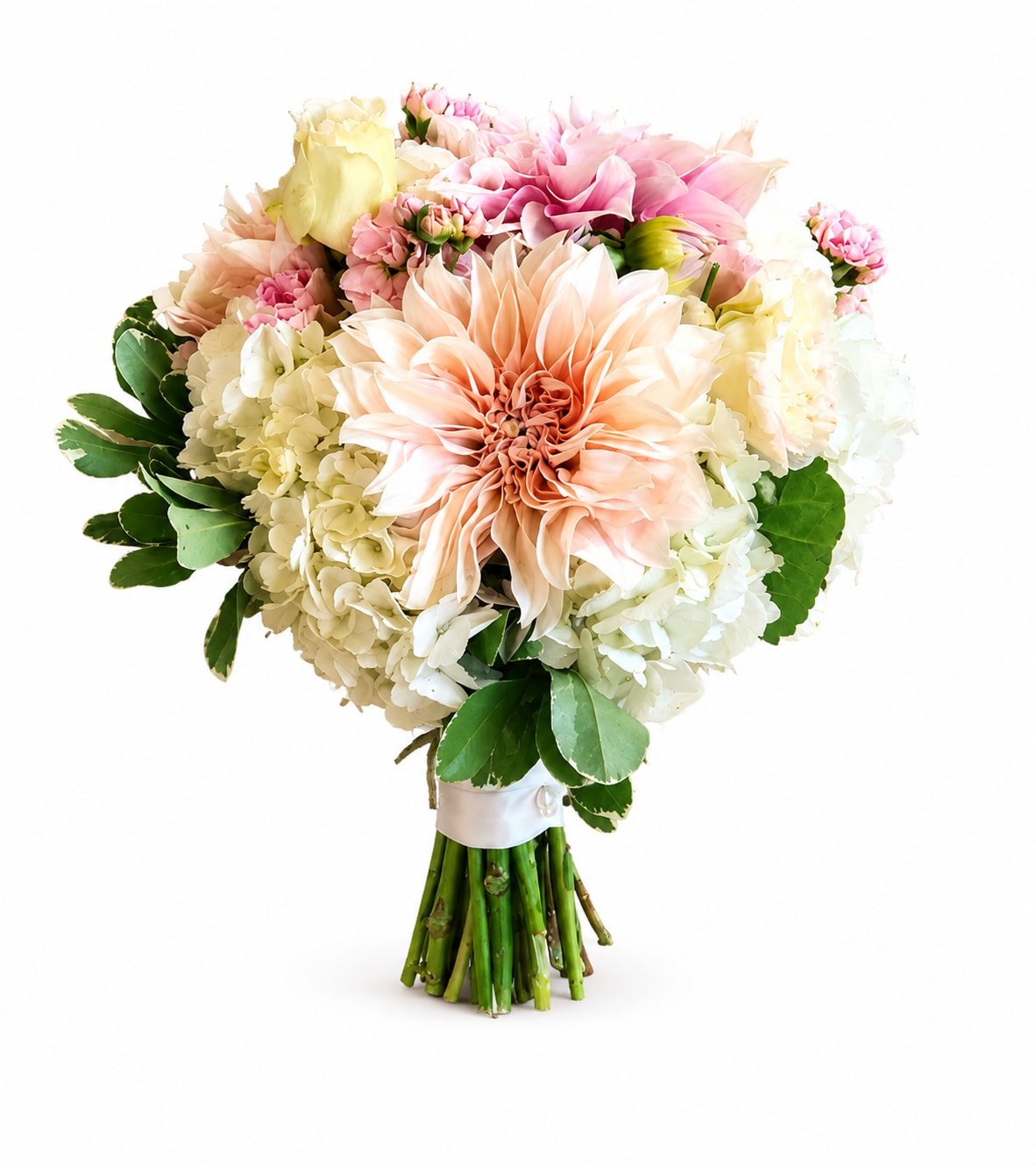 Celebrate in bloom  - A peach dahlia crowns this hand-tied flower arrangement, opening into layers of soft petals that give the bouquet a lush, garden-style feel-perfect as a birthday bouquet or an anniversary gift. The rounded, romantic composition reads like a gentle embrace, the kind that makes the person you're thinking of feel truly celebrated on special days, from weddings and summer parties to "just because" surprises and moments of romance.    This arrangement blends creamy white hydrangeas, pale pink roses and lisianthus, ruffled carnations, and soft yellow accents with fresh green foliage for depth and texture. The stems are gathered in a polished white ribbon wrap to create a full, rounded silhouette that sits beautifully in a vase or makes an elegant handheld presentation. Sized and styled for heartfelt gifting, it's an ideal choice for congratulations, new arrivals, or anyone who loves a soft pastel palette and refined, seasonal charm.