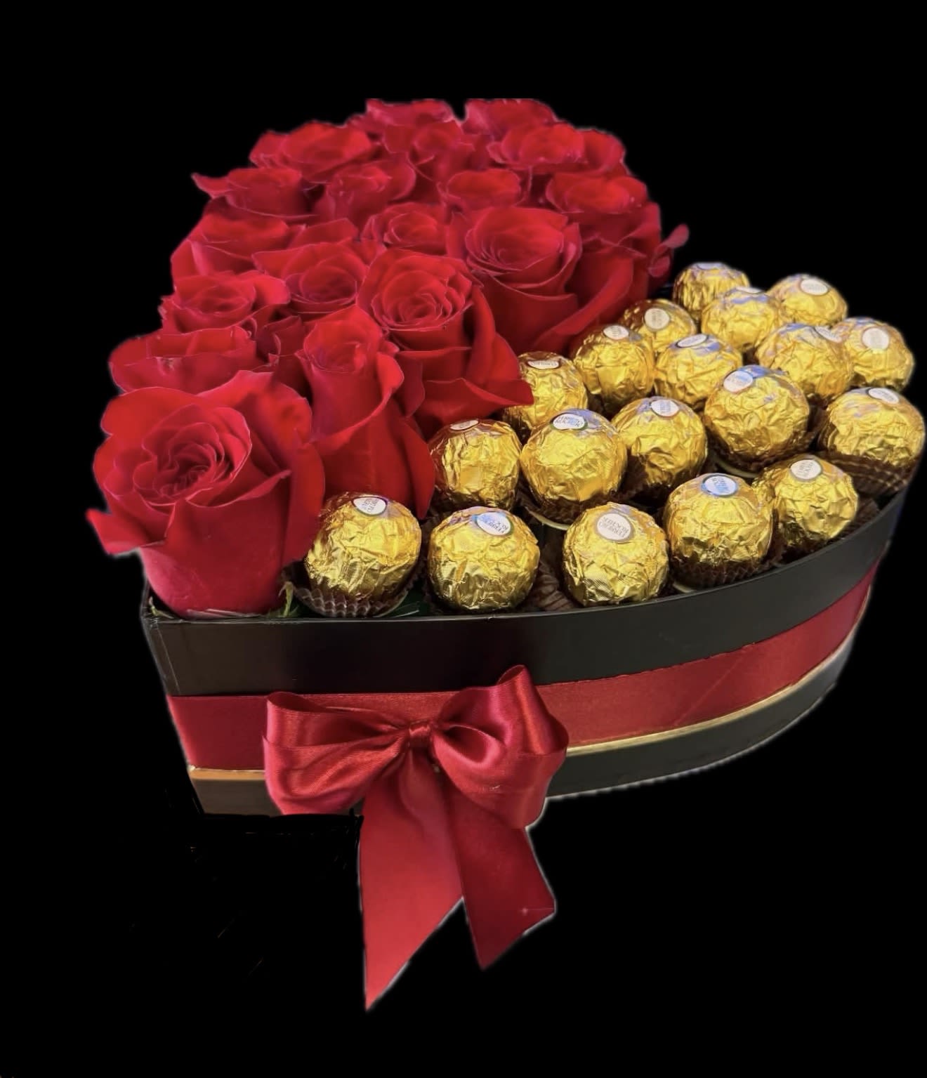 SWEET HEART - A heart box shape with some red roses and Ferrero Rocher chocolates 