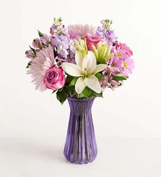 Best Mom Ever Bouquet -  bouquet of purple roses; lavender stock, Peruvian lilies (alstroemerias), and daisies; pink cremones; and a white Asiatic lily