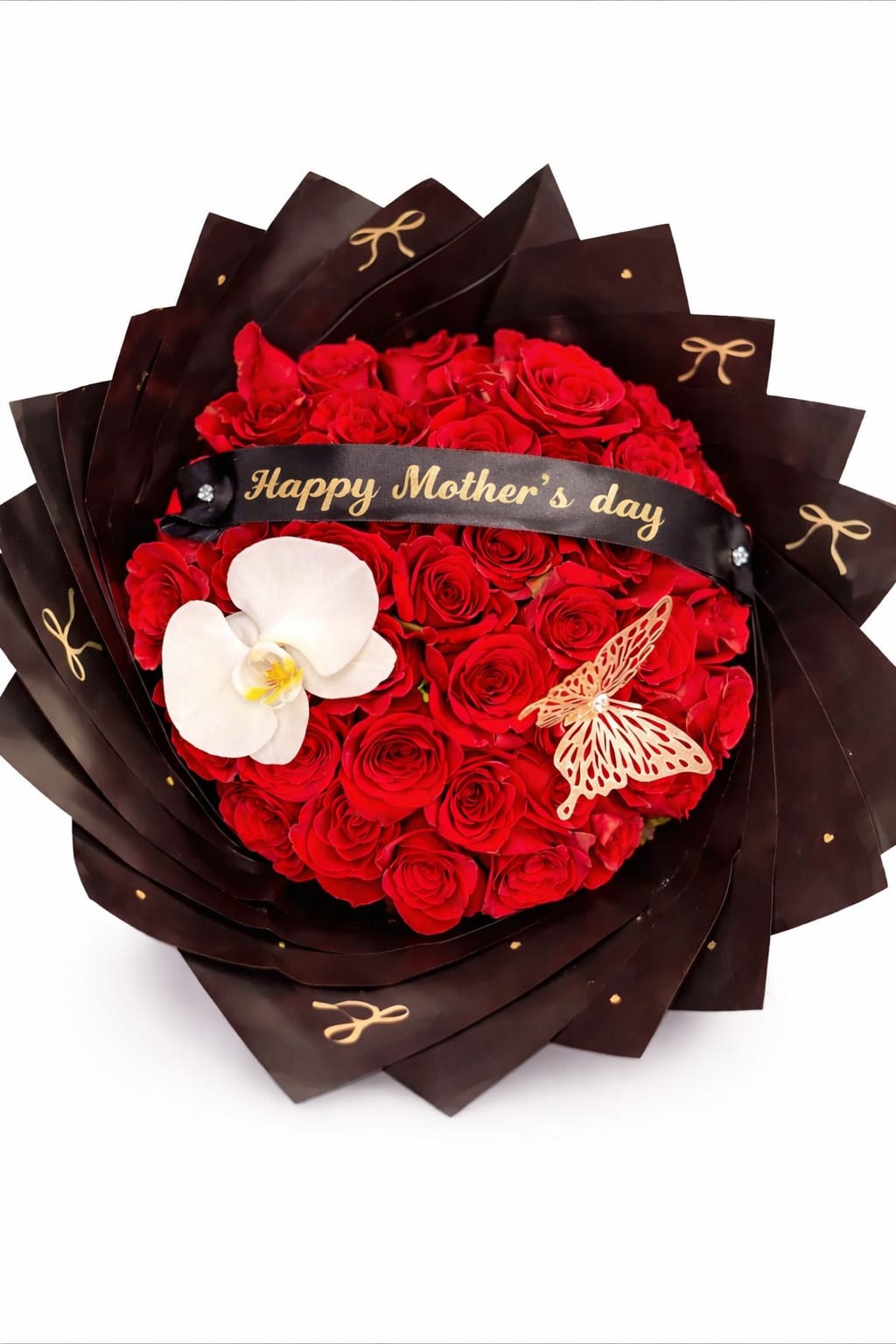 Buchon For Mom - red roses and a orchid flower wrapped in paper with a Happy mother's day banner  small 36 roses medium 50 roses  large 100 roses 