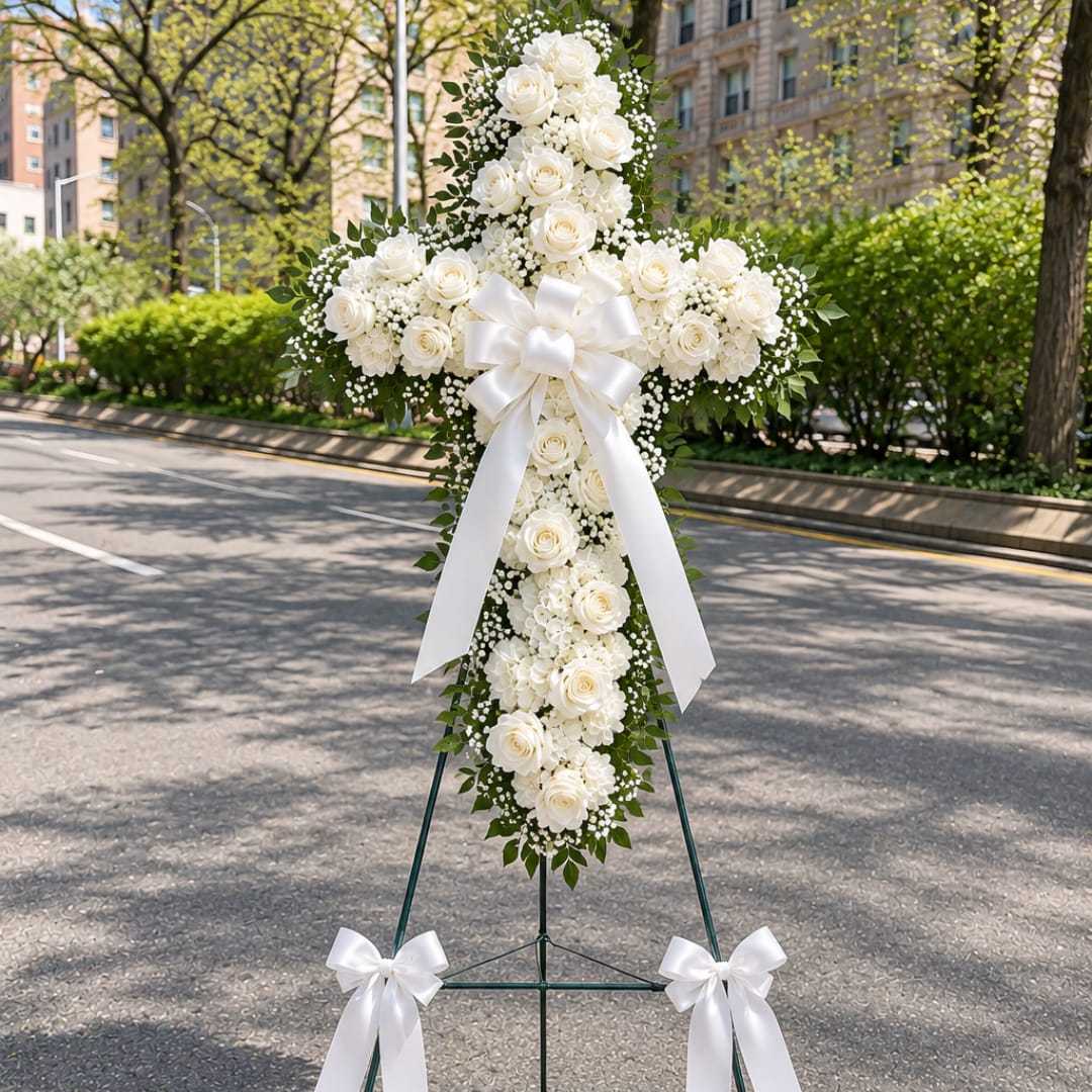 White floral standing cross with roses and ribbon on an easel