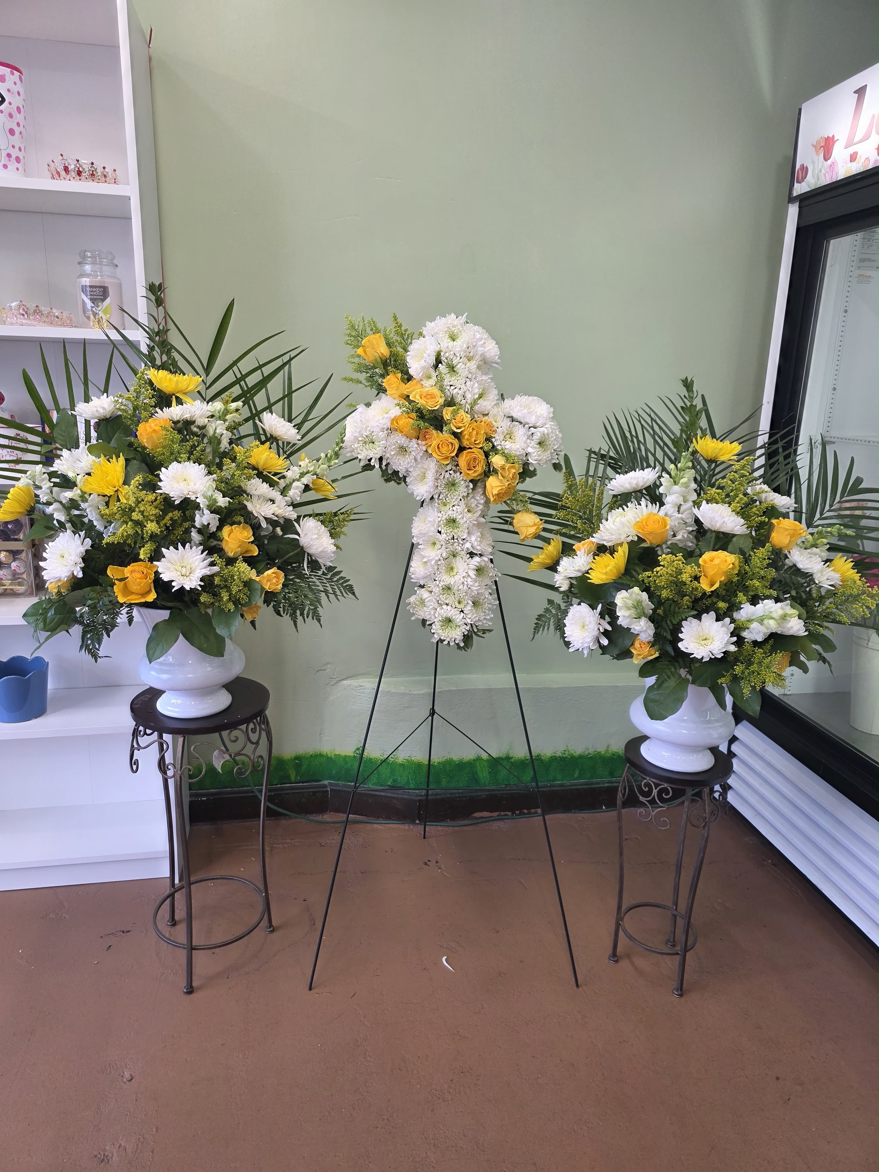 Eternal Grace Sympathy Set - A luminous sympathy arrangement that comforts without somberness, the Eternal Grace Sympathy Set brings a gentle brightness to memorial services and remembrance gatherings. This sympathy flower arrangement and standing spray combination is designed for funerals and memorial visits, offering a thoughtful way to say "in loving memory" while keeping the tone respectful and uplifting for family and friends.