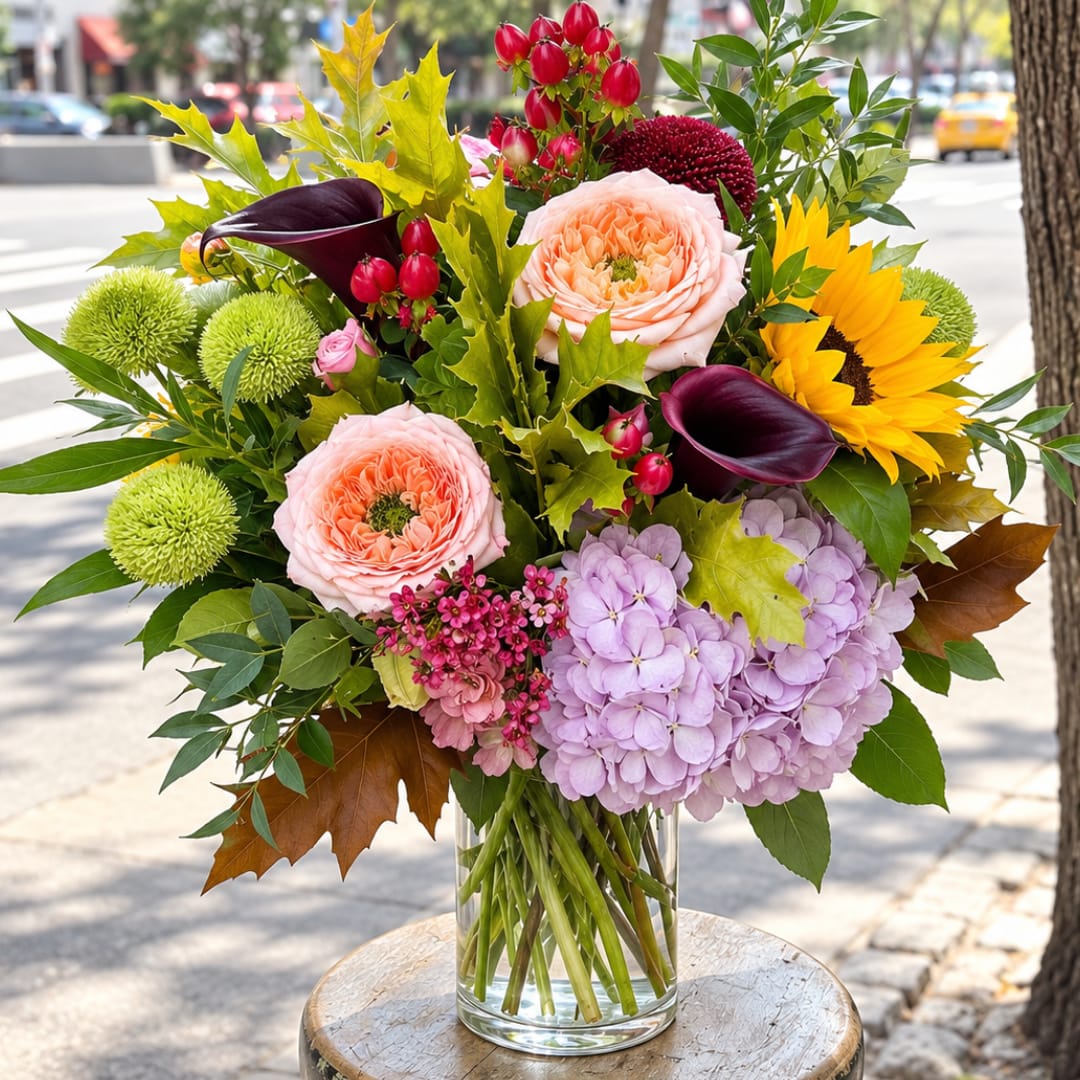 Mixed bouquet in a clear glass vase with roses, hydrangea, sunflowers, and calla lilies