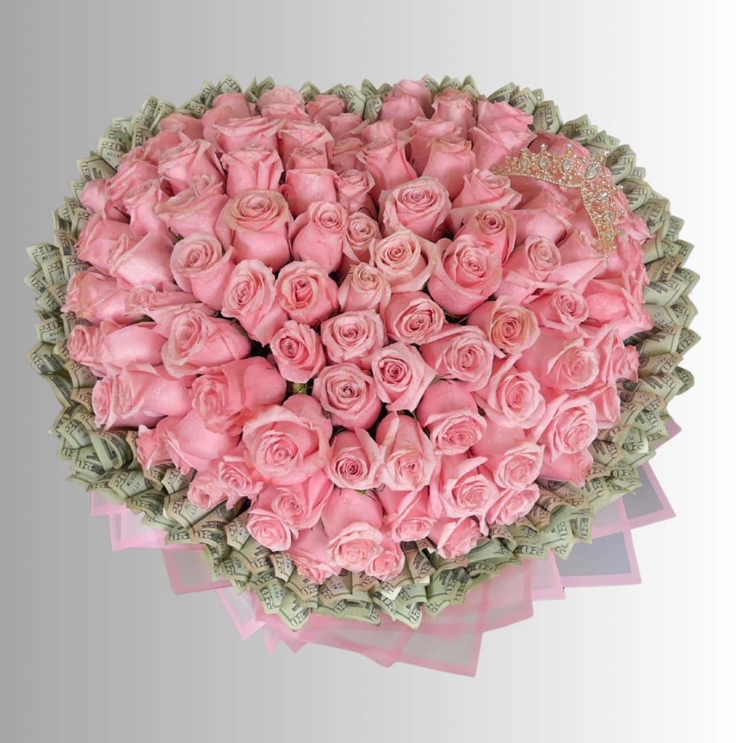 Large bouquet of pink roses with folded dollar bills around the edge