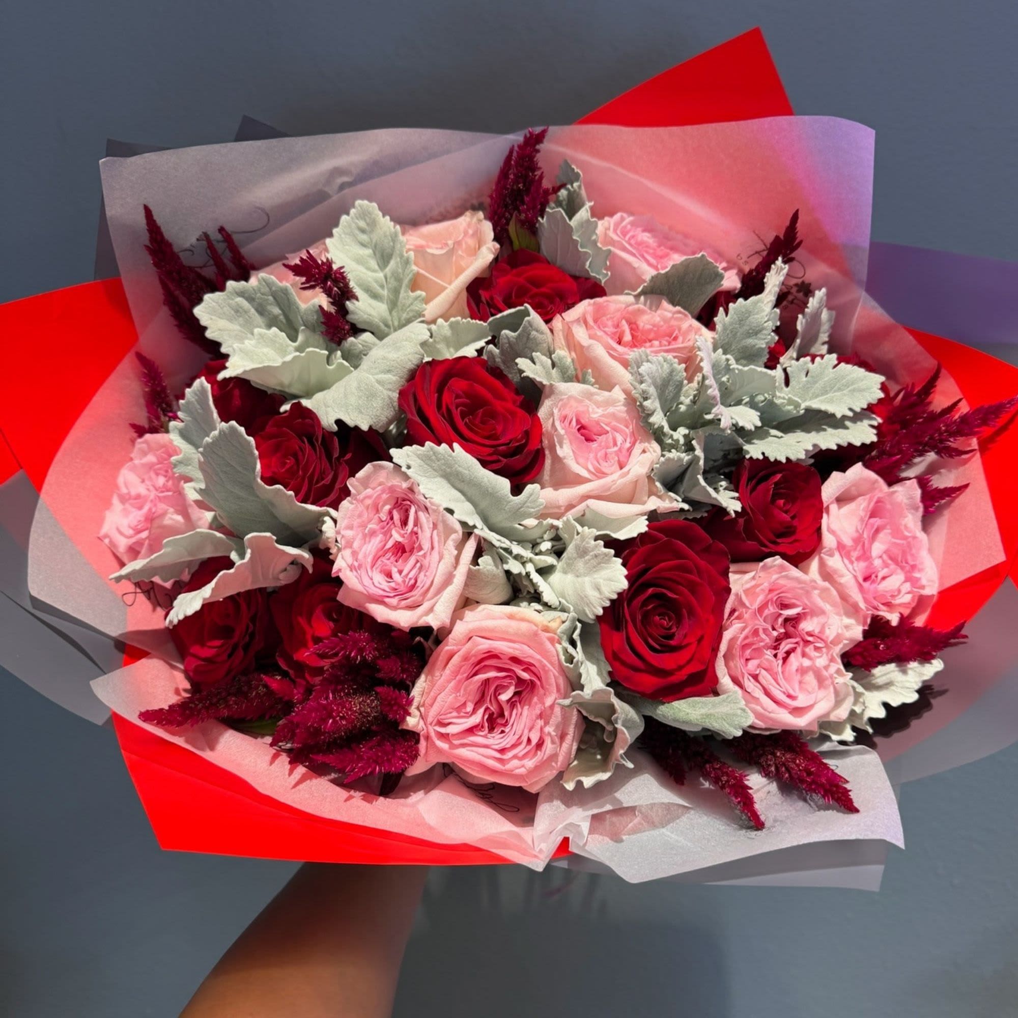 Bouquet of pink and red roses wrapped in red and white paper