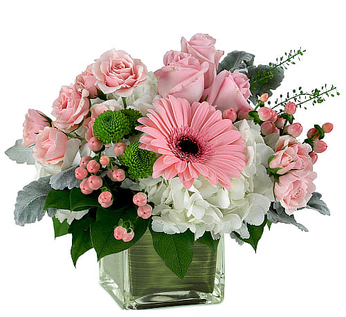 New Baby New Girl  Flowers - This pink and petit arrangement is perfect for a new baby girl! Soft pink and white are nestled safely in a beautiful leaf-lined cube