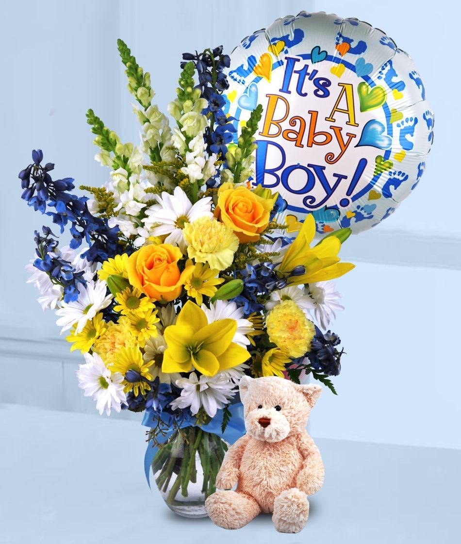 Congratulations Gift for New Baby - Send your best wishes and heartfelt congratulations on life's most blessed event, the birth of a new baby .arrangement of baby boy flowers an gifts with a baby balloon and cuddly teddy.!!!(for baby boy or baby girl - just let us know on the order form).