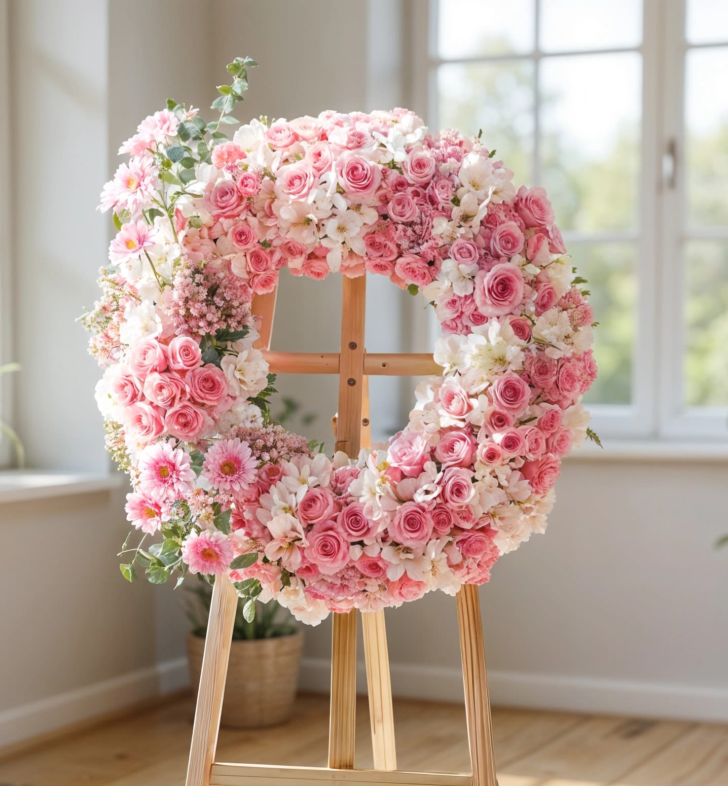 Pink and white floral wreath on a wooden easel