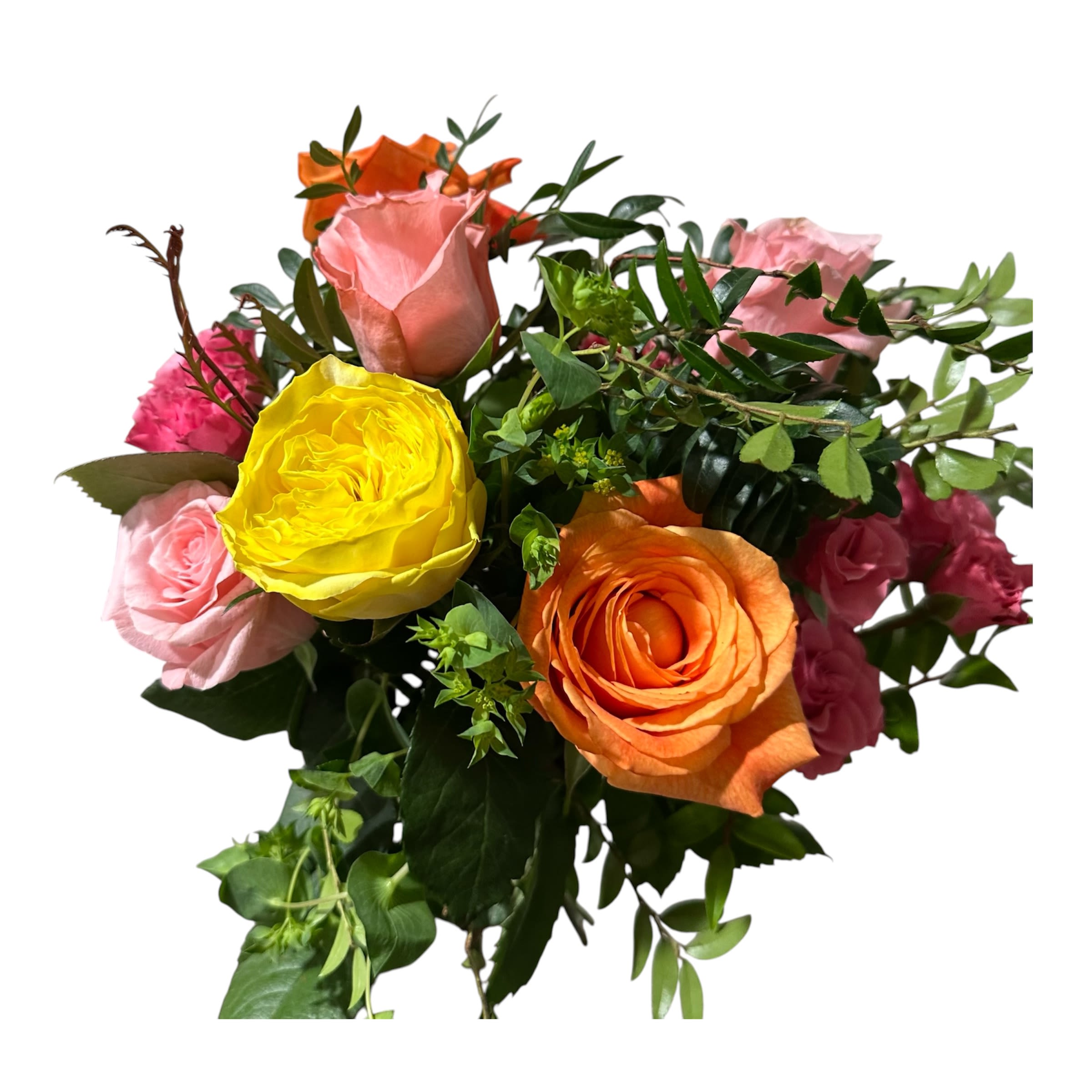  Designer’s Choice Hand tied Bouquet  - A vibrant cluster of mixed-color roses creates an immediate, joyful impression - perfect as a Mother's Day flower arrangement or a bright birthday bouquet for the mom, grandmother, or special woman you're celebrating. The combination of blush and deeper pink roses with sunny yellow and warm orange blooms reads both romantic and cheerful, making her feel adored and truly seen the moment the bouquet arrives.  The design is a loose, rounded cluster that highlights large, layered rose blooms surrounded by abundant dark green foliage for a full, garden-fresh look. Colors are mixed throughout to give lively contrast and soft depth; texture comes from the rose petals against the glossy leaves, creating a hand-touched, designer feel. Sized to serve as a prominent tabletop centerpiece or a meaningful hand-delivered gift, it's an everyday-appropriate arrangement that also elevates celebratory moments like anniversaries, thank you gestures, or simply saying "I'm thinking of you."  Care is simple: keep roses in fresh water, recut stems at an angle, and place away from direct heat to prolong bloom life. Order early for Mother's Day delivery to guarantee the most vibrant selection of pink, yellow, and orange roses.