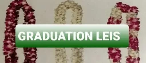Red and white flower leis displayed with a green banner reading graduation leis