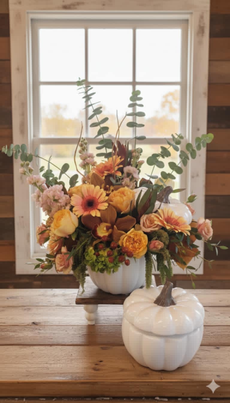 Autumn arrangement of orange and yellow flowers in a white pumpkin vase with matching pumpkin jar.