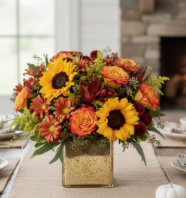 Autumn centerpiece with sunflowers, orange roses, and mums in a square gold vase