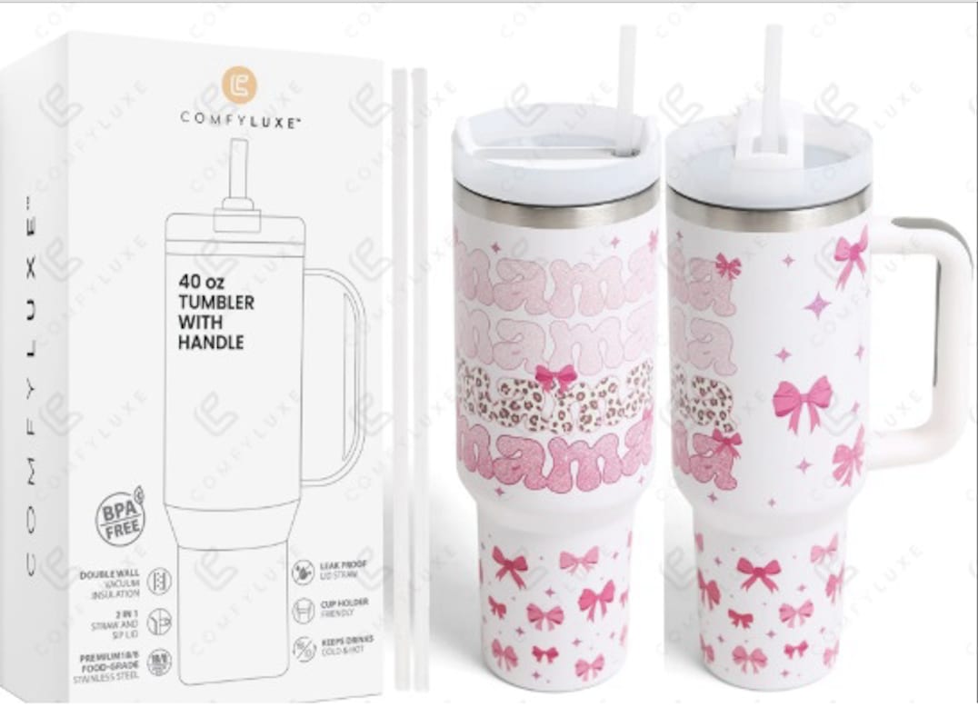 White handled tumbler with pink bow and mama text design beside branded box and straws