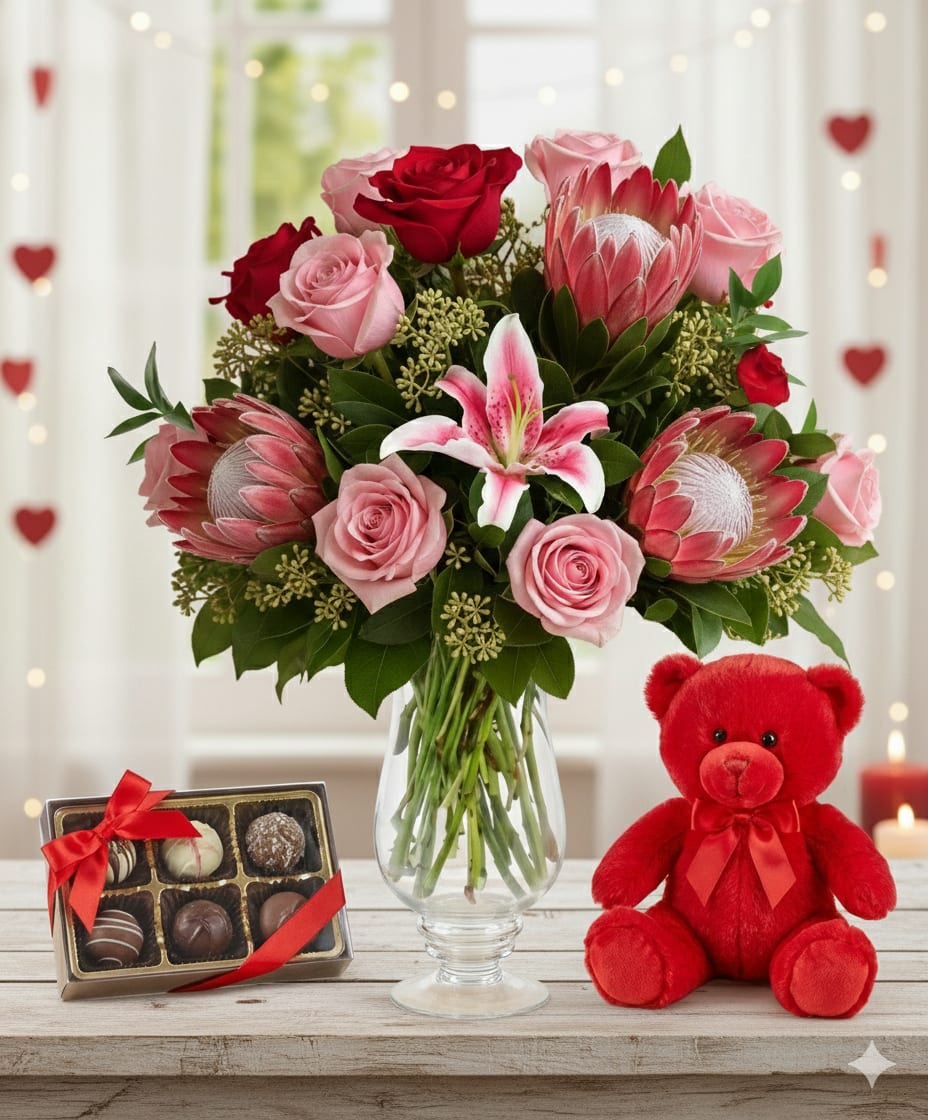 Pink and red bouquet with lilies and protea in a glass vase beside chocolates and a red teddy bear