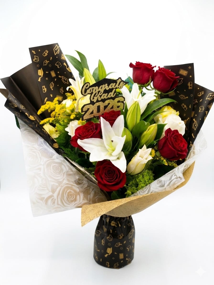 Red Accented Grad Wrap - Lets celebrate with a the perfect loose bouquet to present at Graduation or a Party