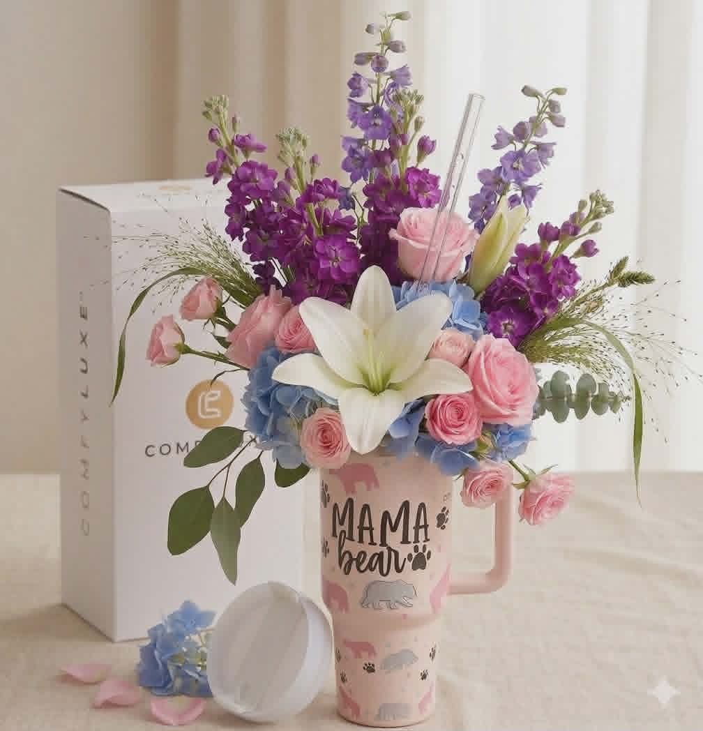 Mama Bear - This Comfy Lux Tumbler will be a great way to Express how much you appreciate your Mama Bear- Filled With Delightful Spring Flowers- Our Designer Will Select the best in Stock to fill the Mama Bear Tumbler